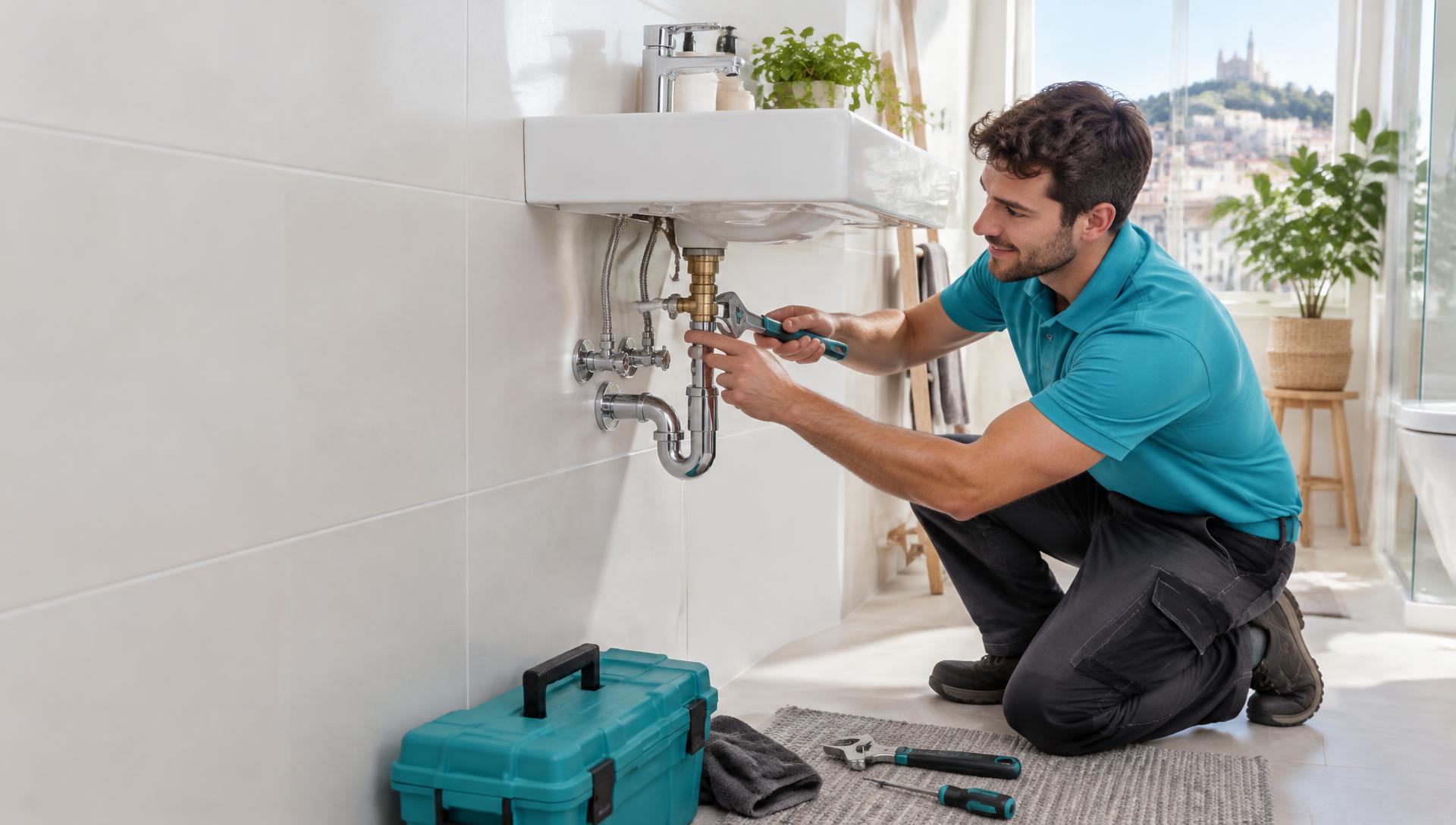 Illustration d’un plombier réparant les raccordements d’un lavabo